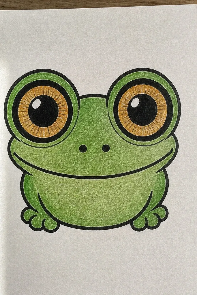 Front-facing frog with two large round eyes and a small smile