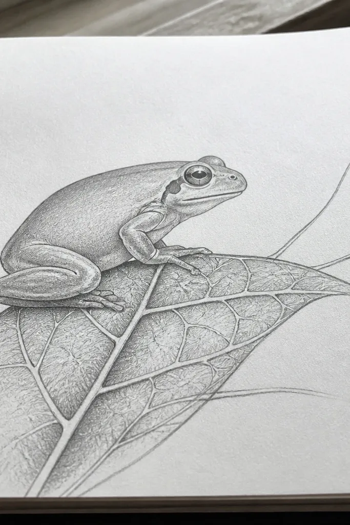 Side profile frog perched on a curved leaf with visible toes