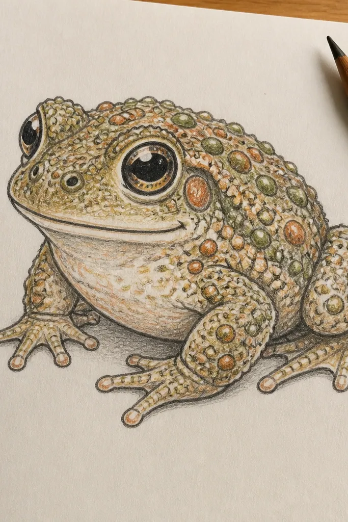 Frog with small wart dots on its back and a rounded head
