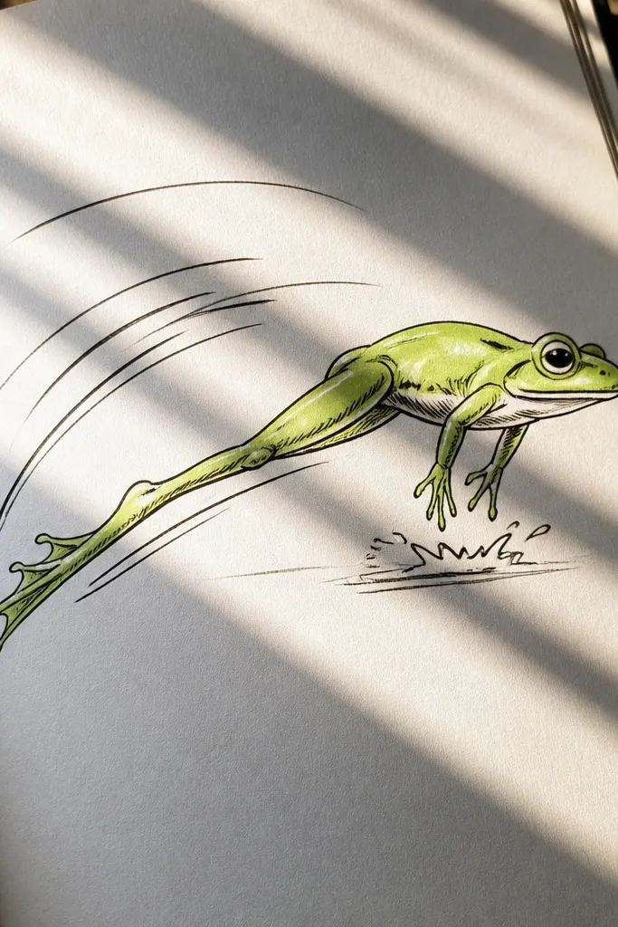 Frog mid-jump with one leg extended and motion lines