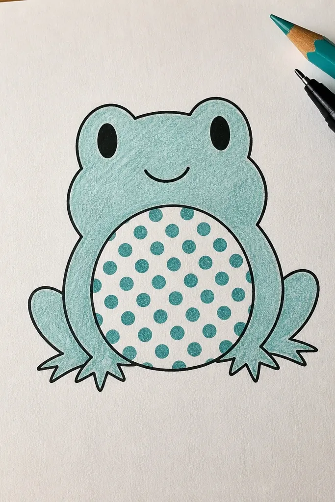 Frog with a rounded belly filled with neat polka dots