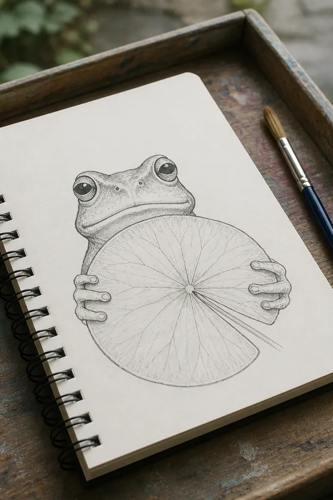 Frog with arms out holding a lily pad like a platter