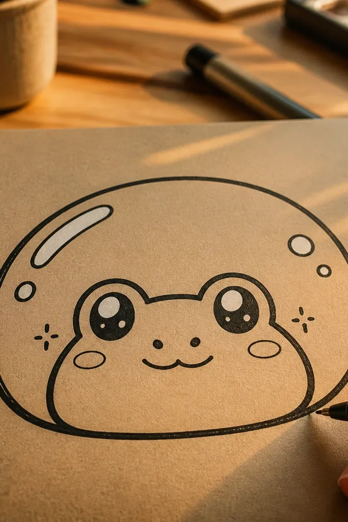 Cute frog face inside a round bubble border with sparkle dots