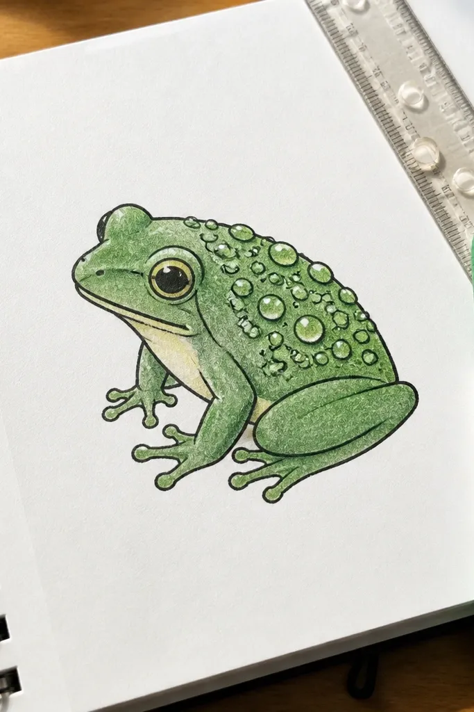 Frog back covered with clear droplet shapes and a smiling face