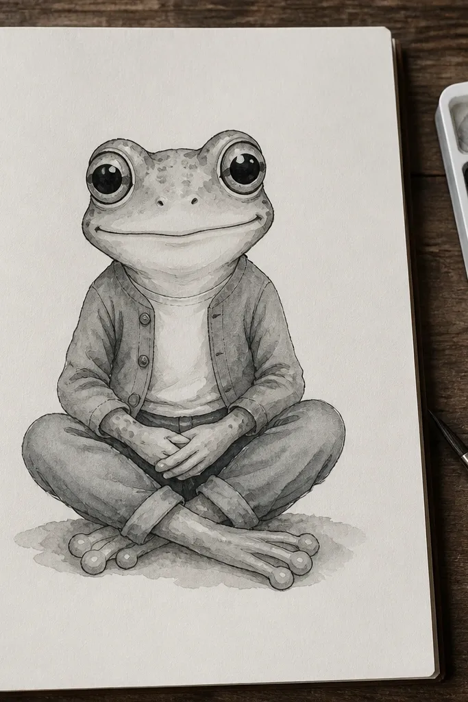 Frog sitting upright with crossed legs and rounded arms