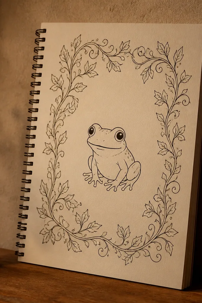 Frog centered with curling vine lines forming a border