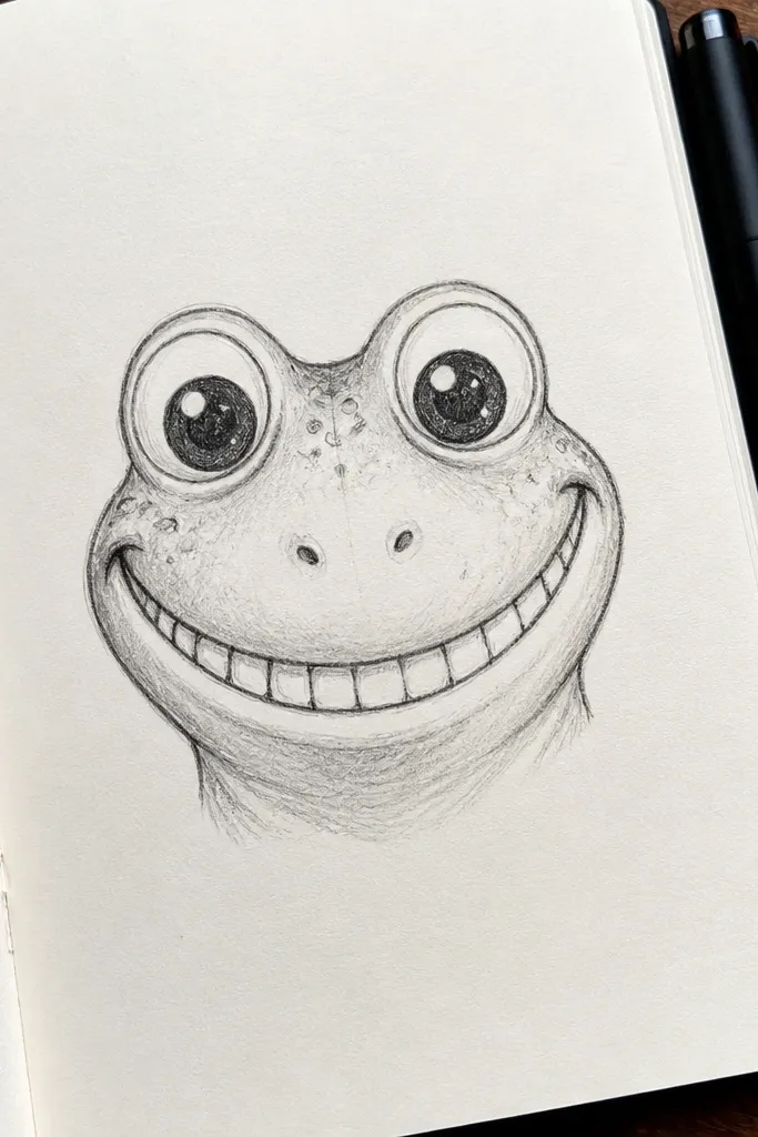 Frog smiling with a curved mouth and small tooth lines