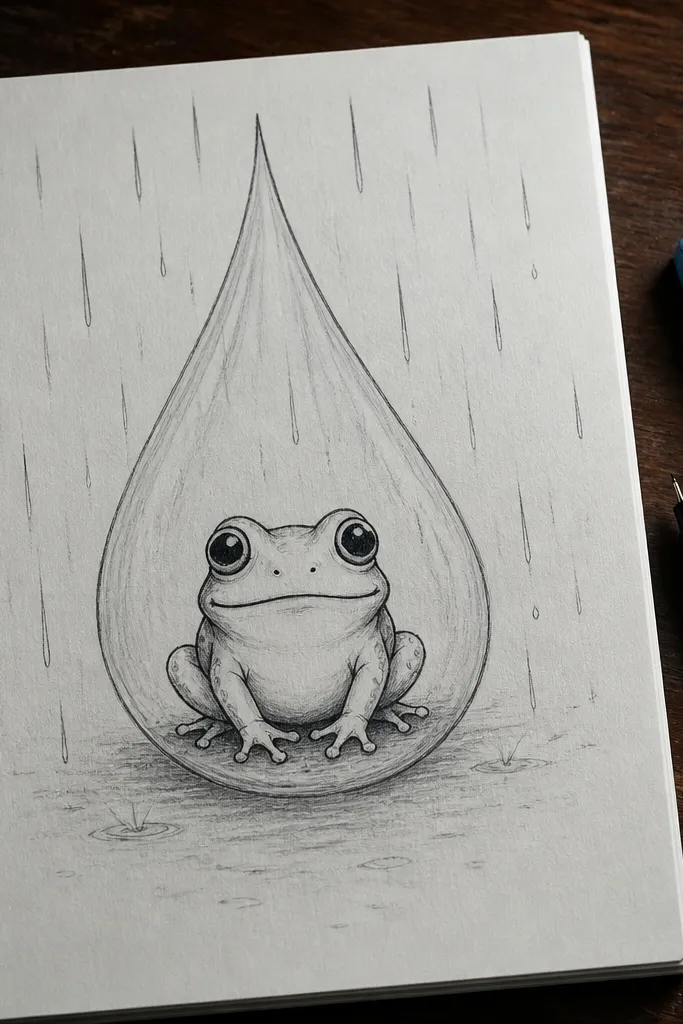 Frog under a big raindrop with falling lines around it