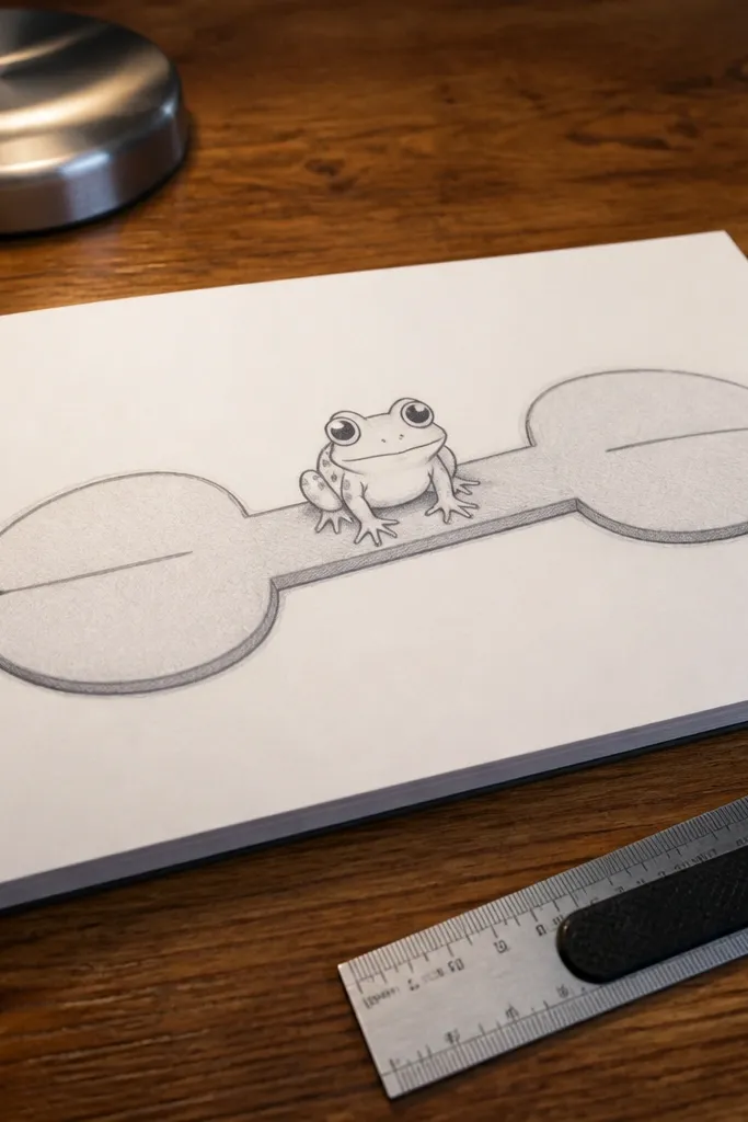 Frog sitting on a dumbbell-shaped leaf with two lobes