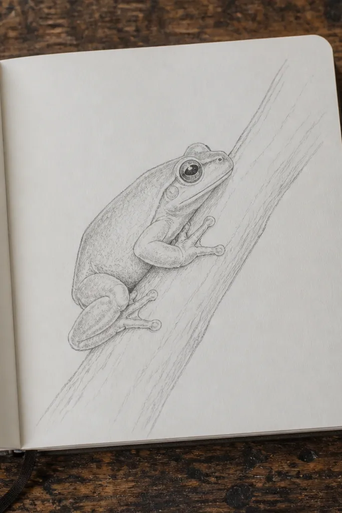 Sideways frog perched on a curved branch with curled toes