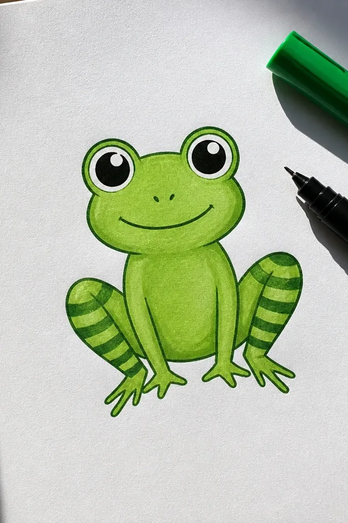 Frog with striped legs and a simple smiling face