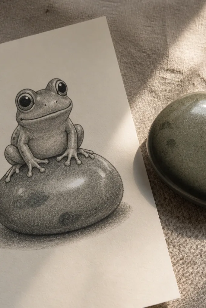 Frog sitting on a smooth rounded rock with simple highlights
