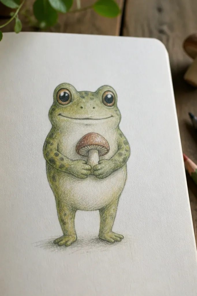 Frog with arms holding a small mushroom cap