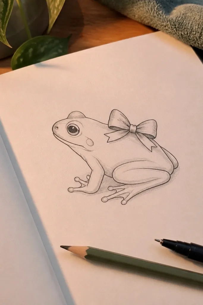Frog sitting with a small bow tied on its back
