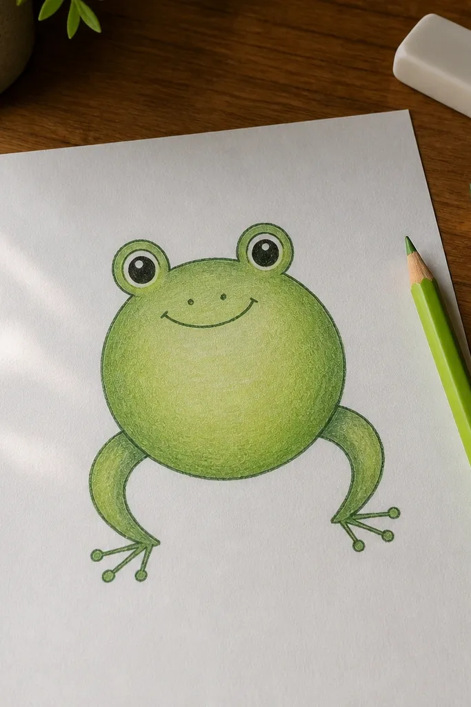 Cute standing frog with a round body and small toe dots on feet