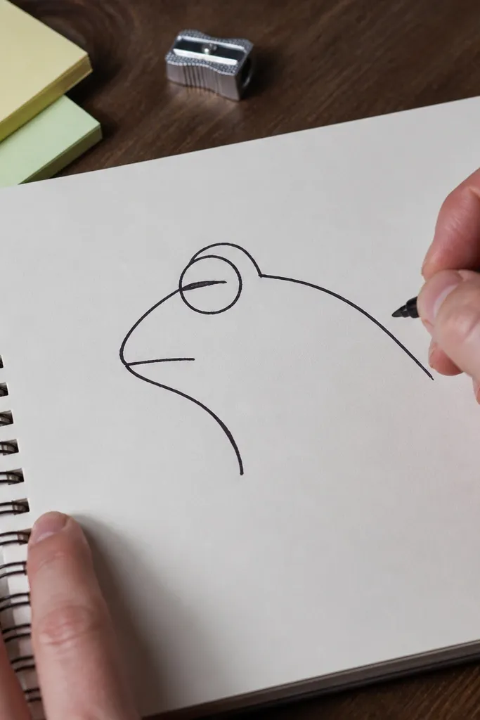 Frog in side profile with a half eye and rounded snout facing right