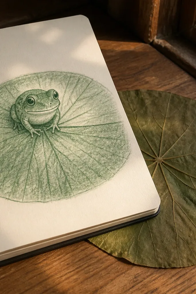 Cartoon frog sitting on a lily pad with simple leaf veins
