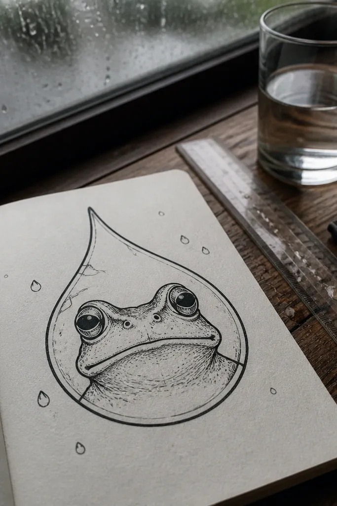 Frog face inside a raindrop shape with small raindrops around