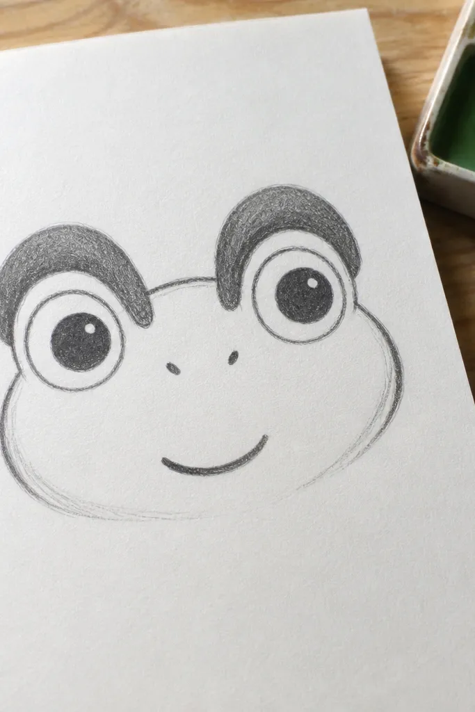 Frog with arched eyelids and a slightly open smiling mouth