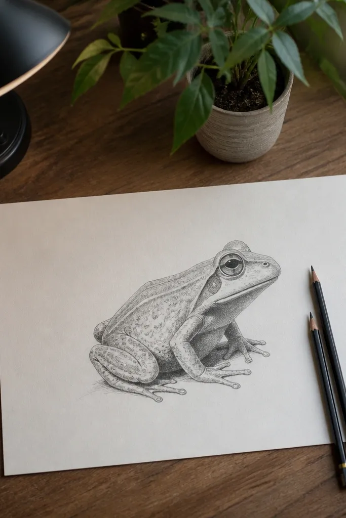 Frog with basic shading on one side and clean pencil texture