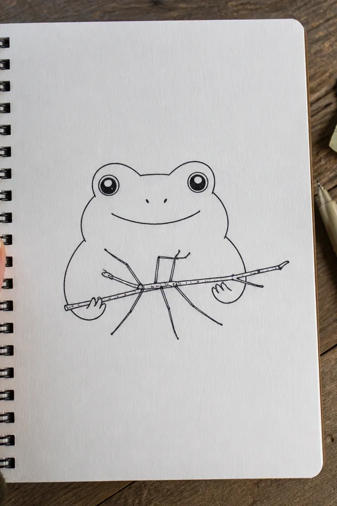 Frog with a small stick bug on a simple stick it holds