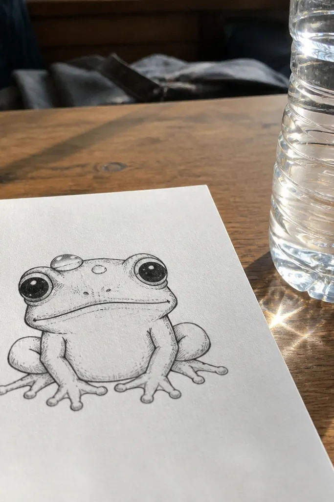 Frog with two droplets on the head and simple shine marks