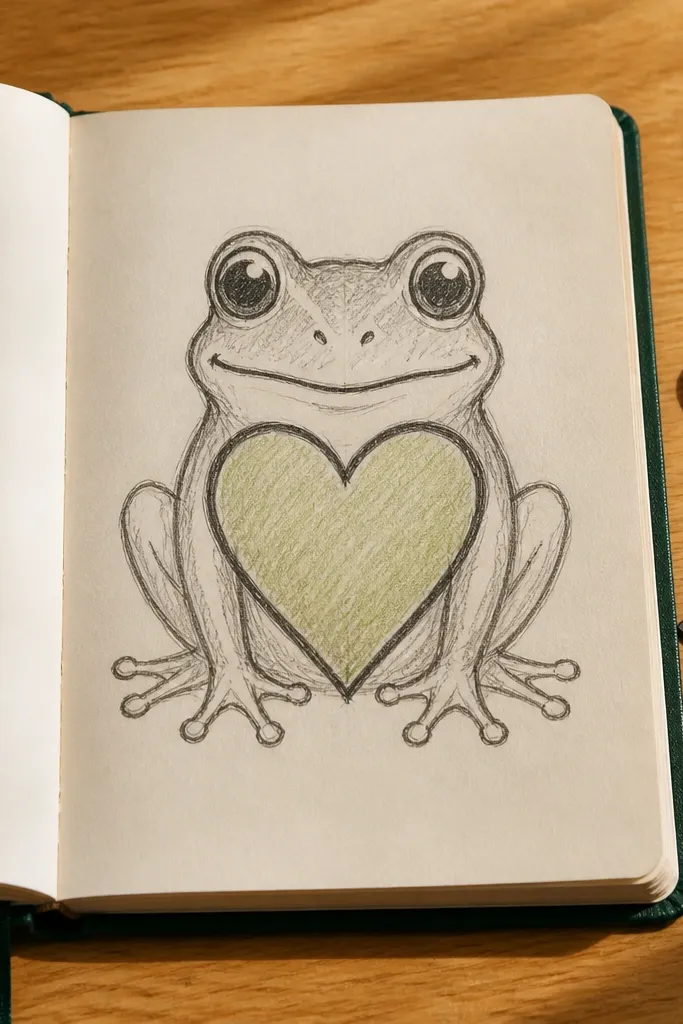 Frog face with a heart-shaped belly and simple legs