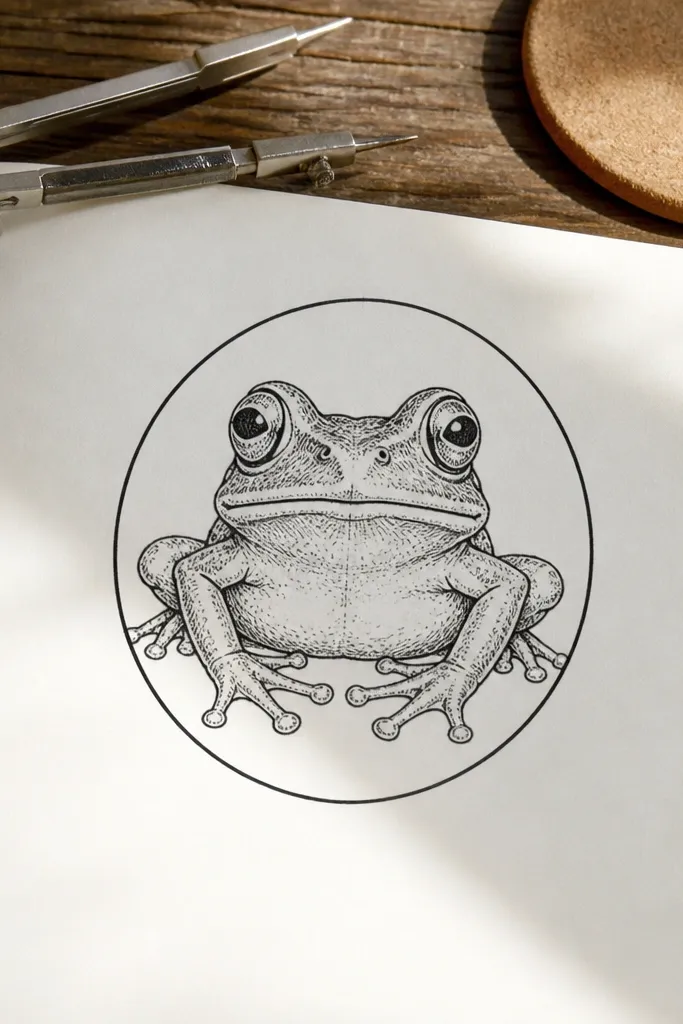 Frog face inside a circle badge outline