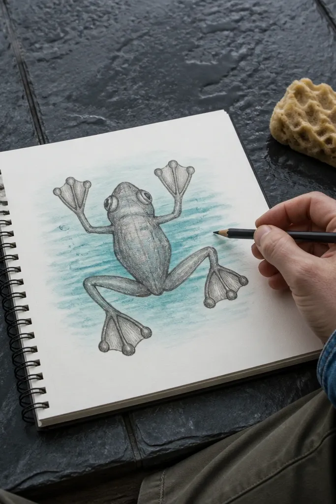 Frog with small flipper-like hands and feet, simple cartoon style