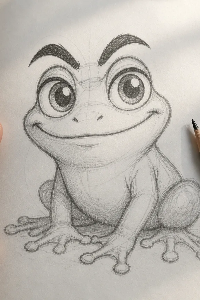 Frog with thick eyebrow arcs above the eyes and a neutral mouth