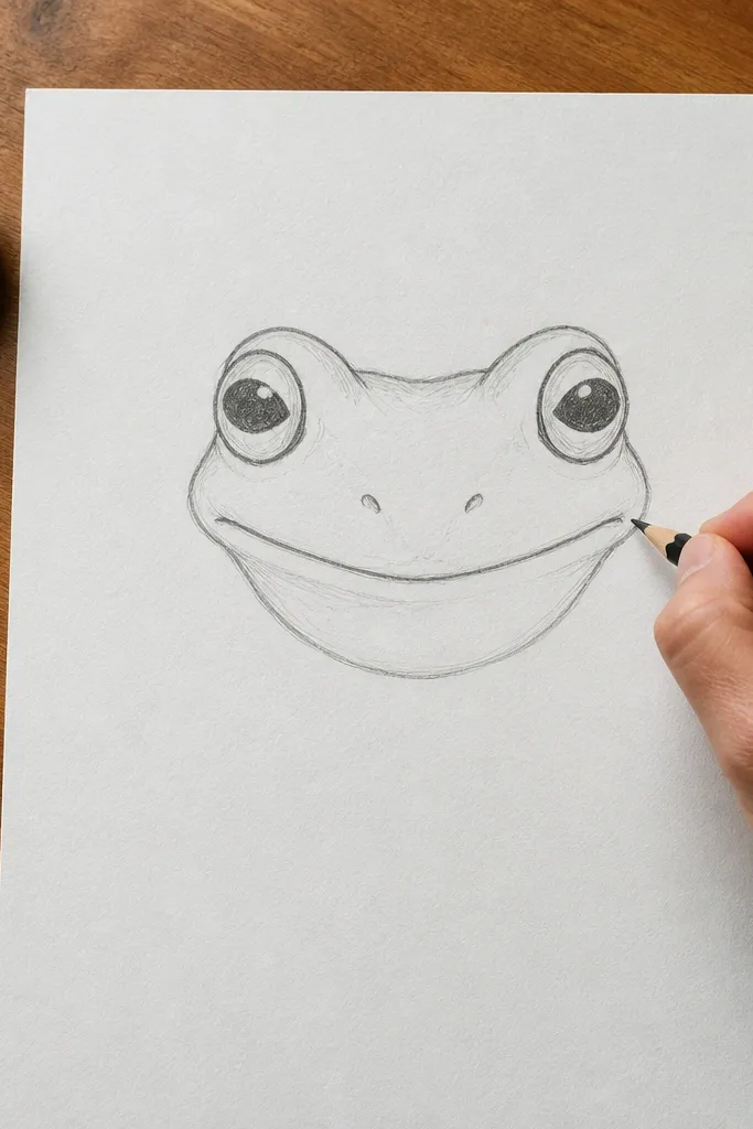 Frog face with two round cheek circles and a small smiling mouth