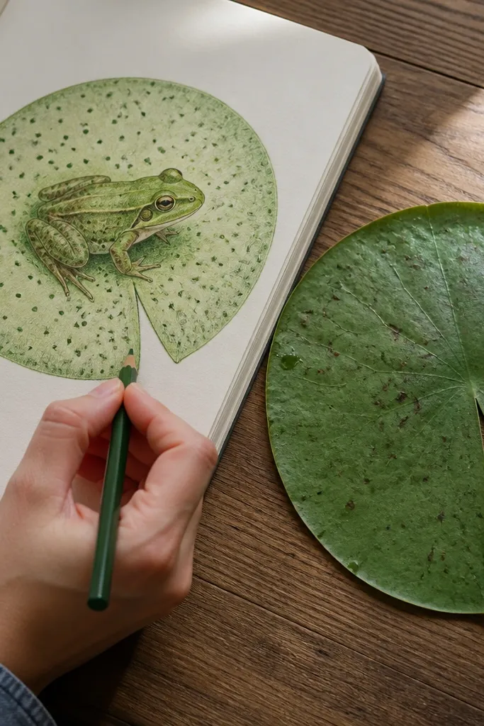 Frog sitting on a lily pad with small spots on the leaf