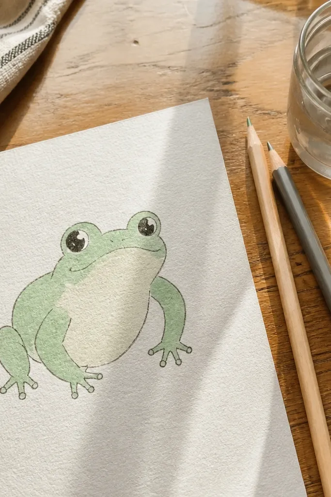 Frog with light colored wash over pencil lines and simple eyes