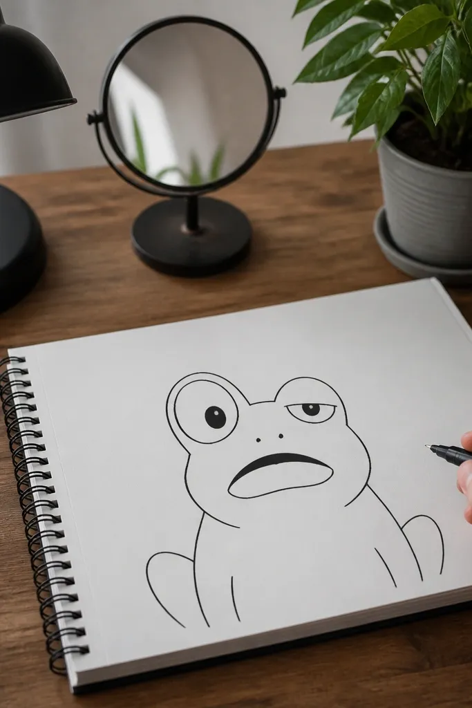 Frog with one eye wider and an open mouth curve showing surprise