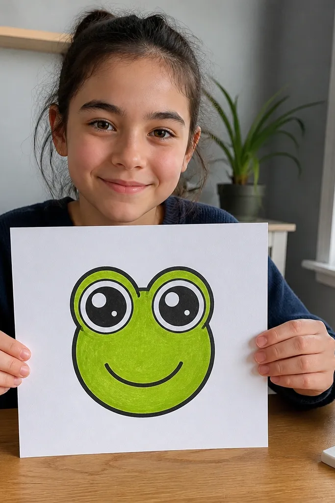 A cute frog face with big round eyes and a smiling mouth