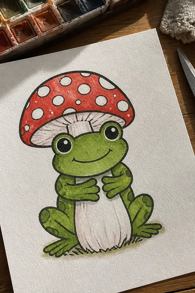 A frog hugging a red mushroom with white spots