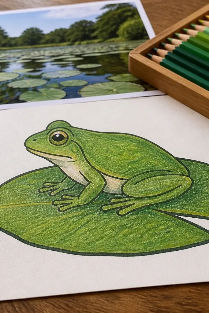 A side-view frog sitting on a lily pad in a pond