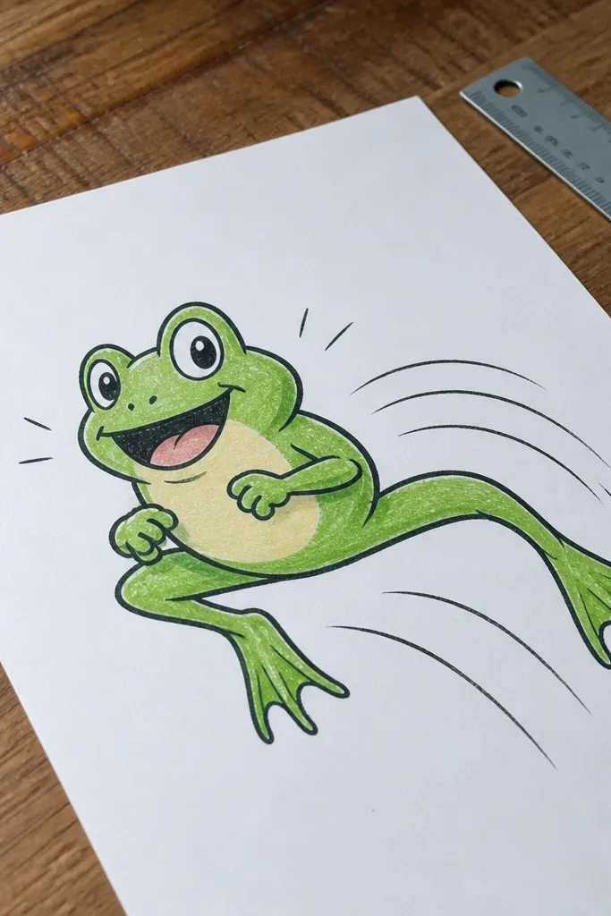 A jumping frog with bent legs and curved motion lines