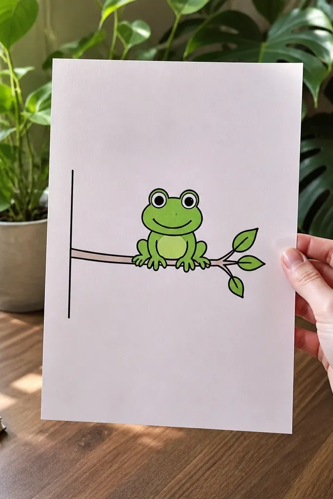 A frog sitting on a branch with simple pond greenery