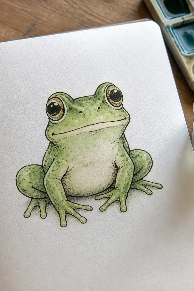 A frog with light green watercolor-like shading and a dark outline