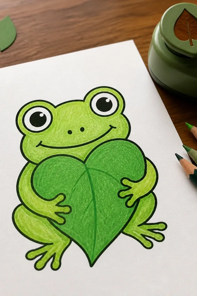 A frog holding a leaf shaped like a heart