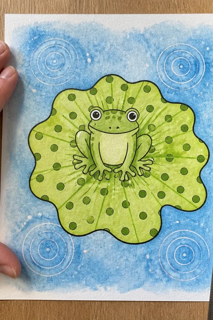 A frog on a lily pad with polka dots and a cream belly