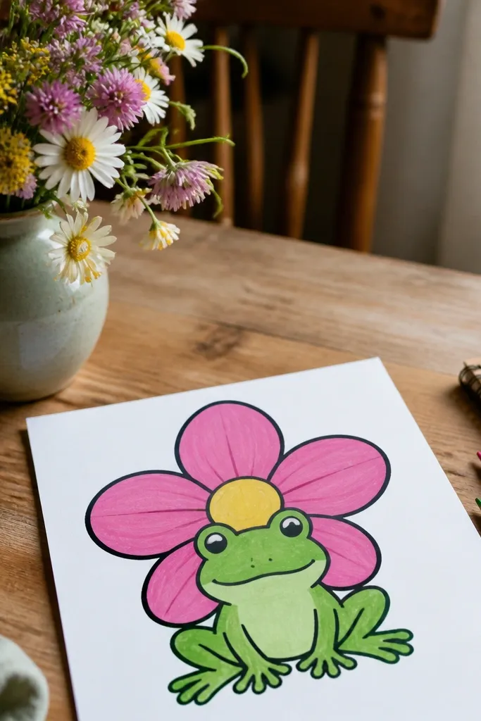 A frog with big eyes sitting under a simple five-petal flower