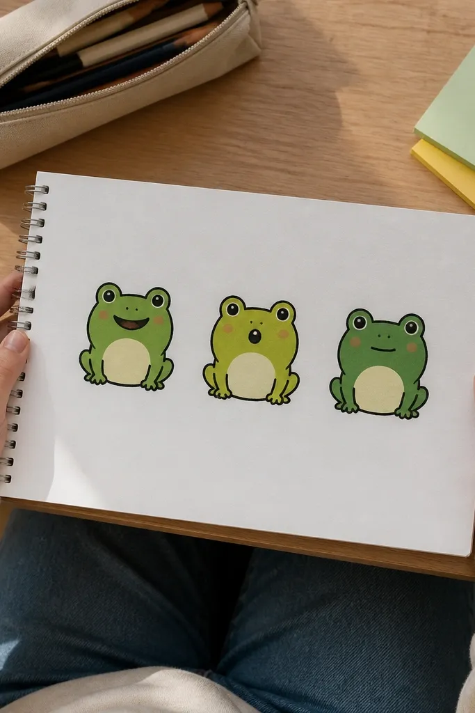 Three small frogs in a row with different eye expressions