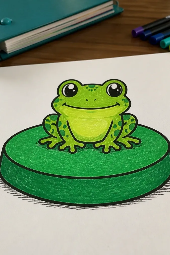 A frog sitting on a large green circle like a button