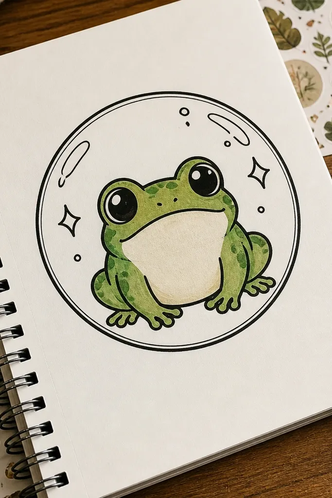 A frog inside a round bubble with small stars around it