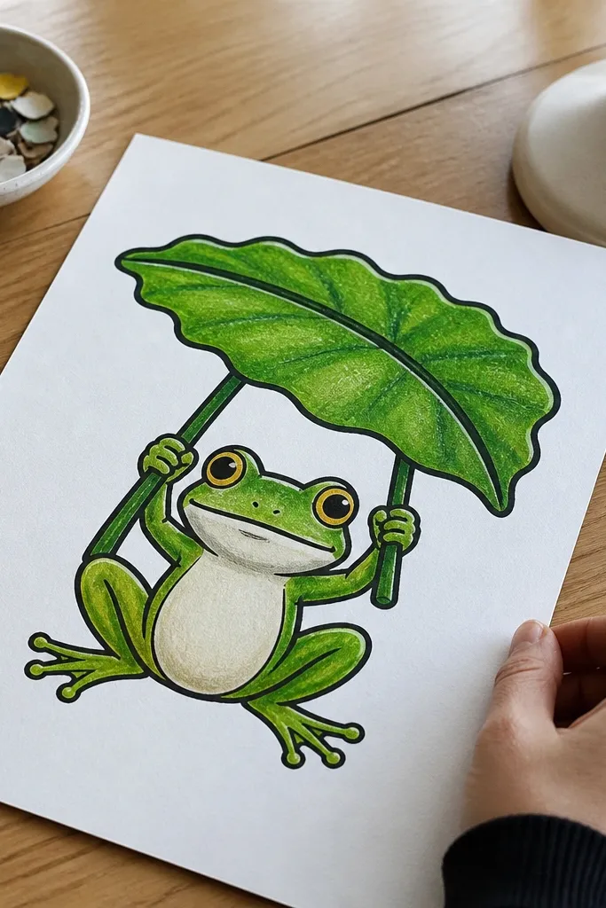 A frog holding a large leaf open like an umbrella