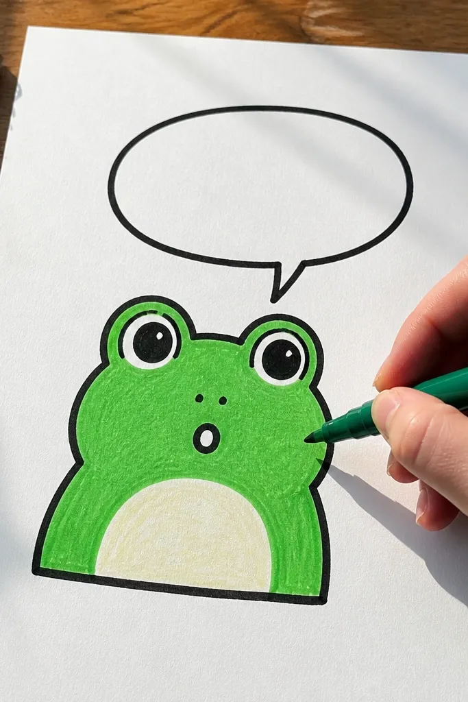A frog with a speech bubble and simple text-like lines