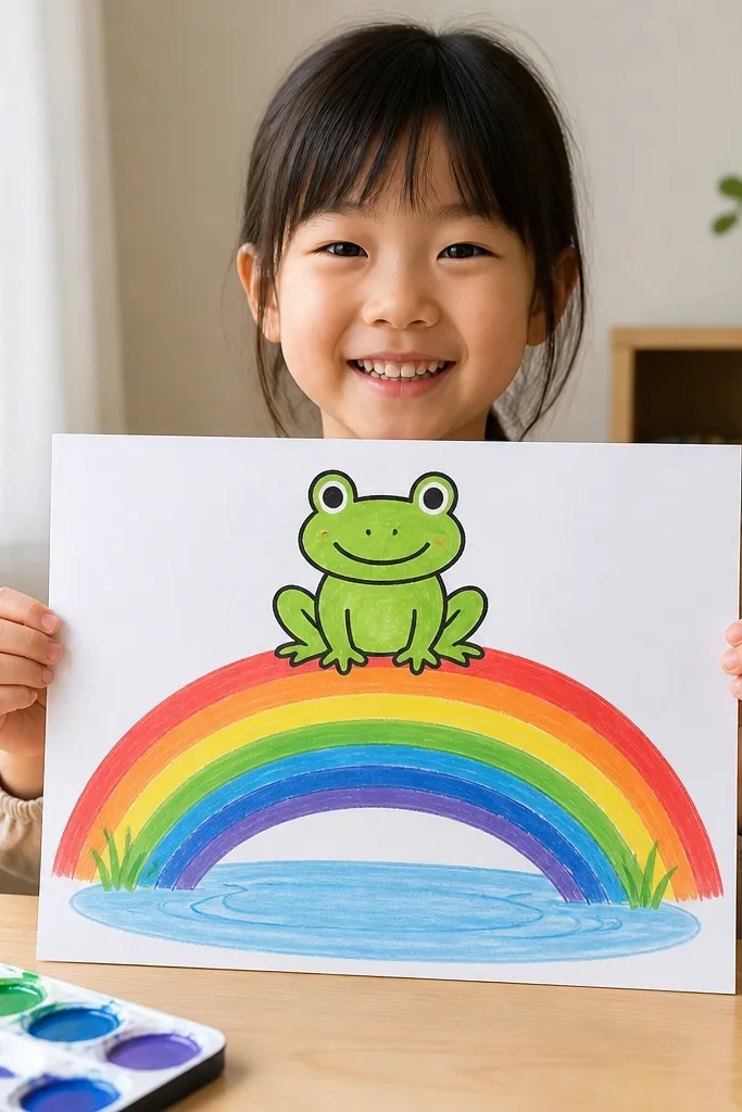 A frog sitting on a rainbow arc with a simple pond background