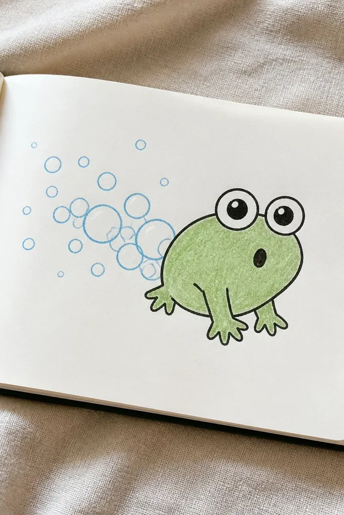 A frog blowing bubbles with round bubbles rising up
